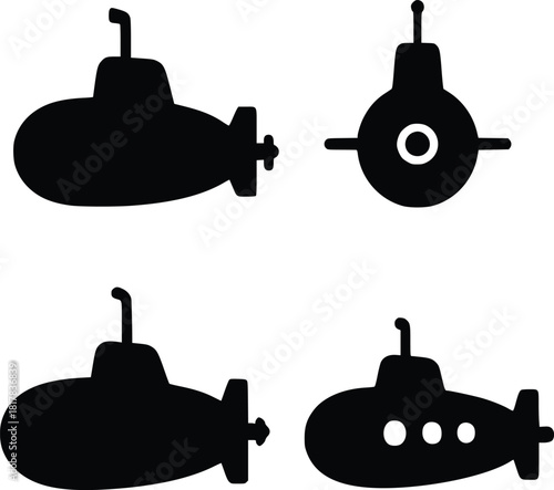 Cartoon Submarine Icon Set Underwater Vessel Silhouettes Military or Civilian Submarines