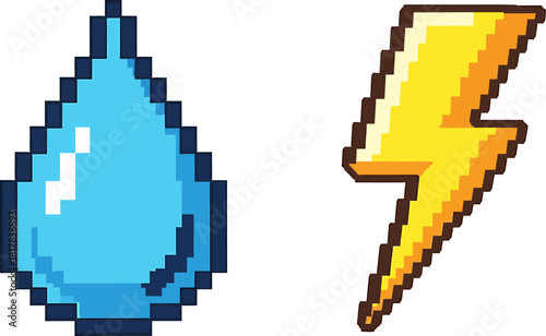 Pixelated Water Drop and Lightning Bolt Icons Weather Element Illustration