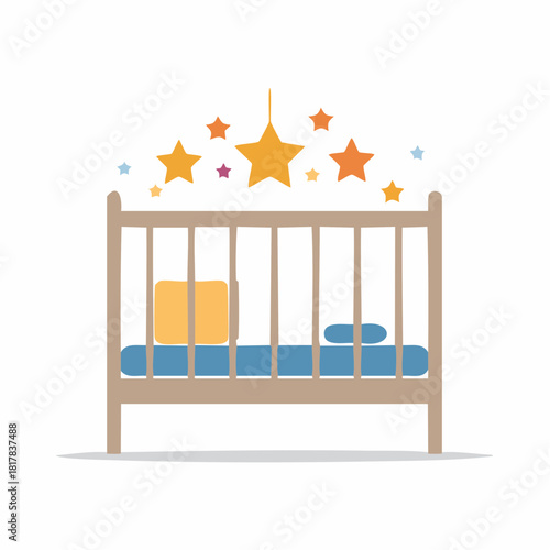 Illustration of a Baby Crib with Star Mobile and Bedding.