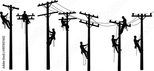 Utility workers silhouette, electrical line maintenance, teamwork on poles, safety gear, climbing harness, dangerous job, infrastructure repair, electricity supply network, vector illustration