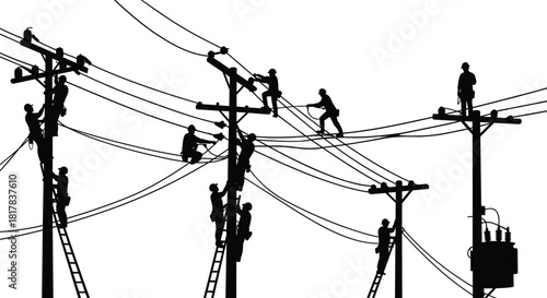Utility workers silhouette vector illustration, electrical maintenance on power lines and pole
