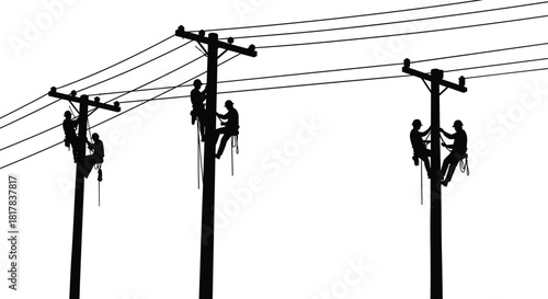 Utility workers silhouette, electrical line maintenance, teamwork on poles, safety harness, climbing gear, transformer repair, dangerous job, infrastructure service, vector illustration