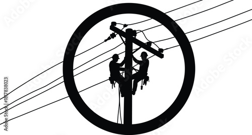 Utility workers silhouette, electrical pole maintenance inside circular frame, teamwork on wires, safety gear, energy infrastructure repair, electricity distribution system, vector illustration