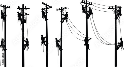 Utility workers silhouettes on poles, electrical maintenance vector illustration, climbing and repairing