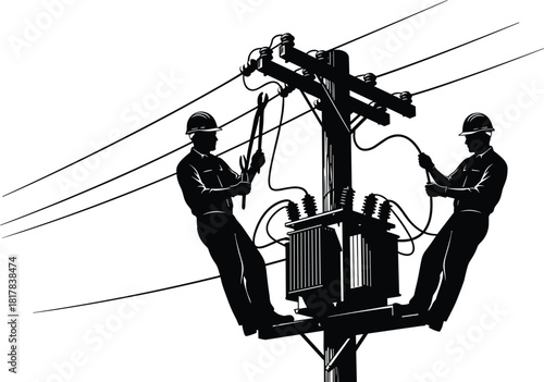 Utility workers silhouettes on power pole, vector illustration of electrical maintenance, transformers an
