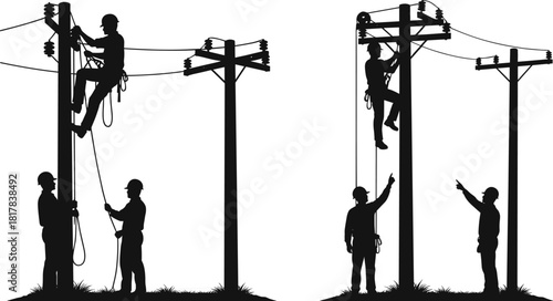 Utility workers silhouettes on power poles, vector illustration of electrical line maintenance, teamwork and safety gear, energy distribution infrastructure, electricity grid repair operations