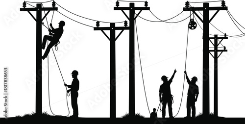 Utility workers silhouettes on power poles, vector illustration of electrical line maintenance, teamwork and safety gear, energy distribution infrastructure, electricity grid repair system