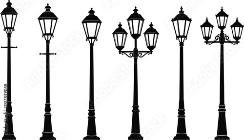 Vintage street lamps silhouettes, ornate lamp post vector illustration, classical urban lighting designs, decorative public fixtures, historical architecture, outdoor city infrastructure elements