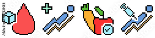 Wellness Pixel Icon Set Vector Ideal for gaming, health apps, spa, fitness, or digital art themes requiring a collection of 8-bit health symbols.