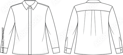 Long sleeve shirt flat sketch, vector fashion template, button up top technical drawing, apparel design outline showing front and back construction details