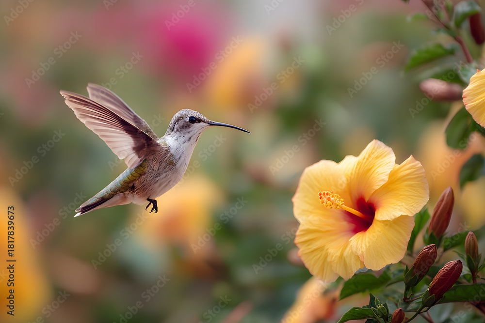 Fototapeta premium a hummingbird flying over a yellow flower