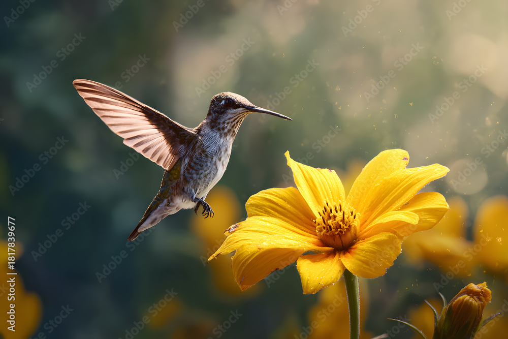 Fototapeta premium a hummingbird flying over a yellow flower