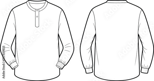 Men’s long sleeve Henley shirt flat sketch front and back view, technical fashion drawing template for apparel design, clothing illustration