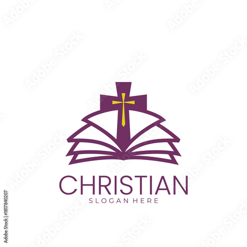 Modern Minimal Christian Church Logo with Open Bible and Cross Symbol