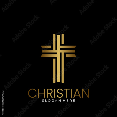 Elegant Linear Christian Cross Logo. Religious, faith, worship and belief sign