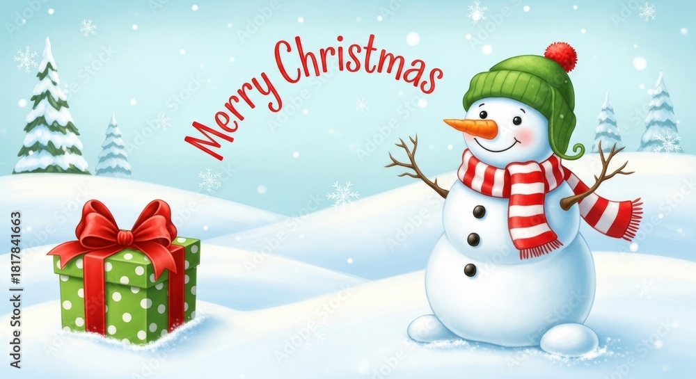 Fototapeta premium Merry Christmas greeting card - cheerful snowman in green hat and striped scarf beside gift box. 