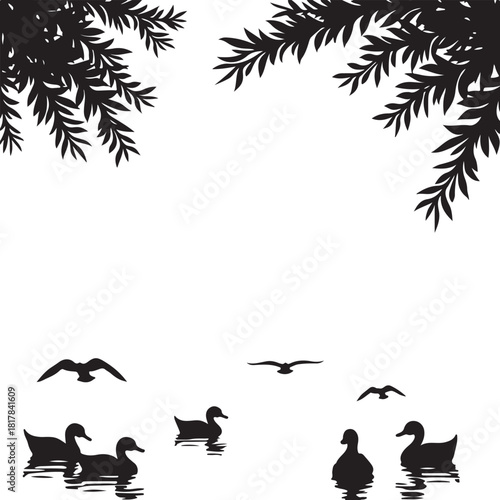 Black silhouette of ducks and birds near pine branches