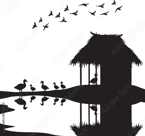Black silhouette of ducks by a hut and flying birds