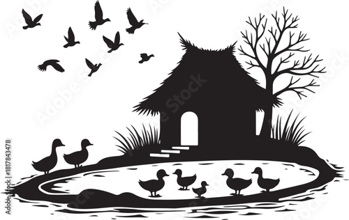Black silhouette of ducks by a pond and a thatched hut with birds flying