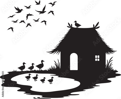 Black silhouette of ducks by pond and thatched roof hut with birds flying