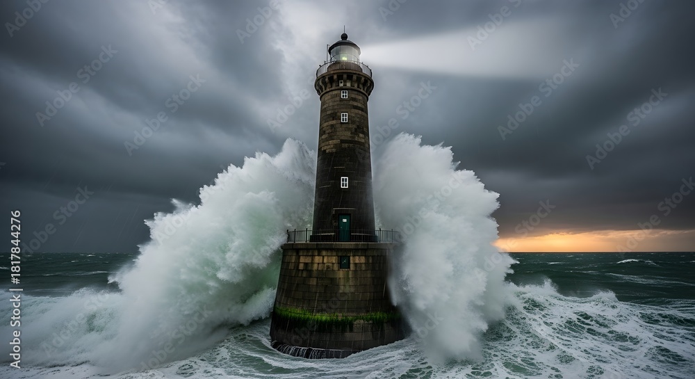 Obraz premium Lighthouse in storm with waves crashing against it.