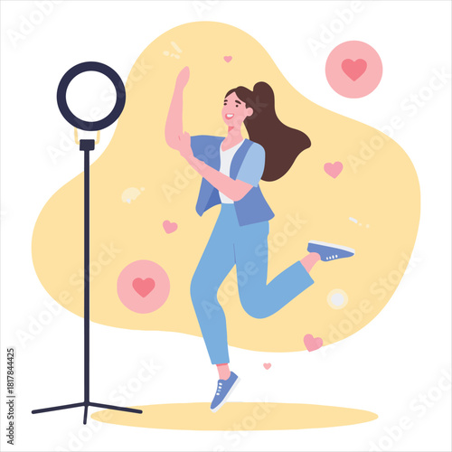 Female Vlogger Recording Video with Camera and Ring Light Vector,Content Creator Working from Home Vector Illustration,Modern Female Influencer Creating Online Video Flat Design,Woman Maki.