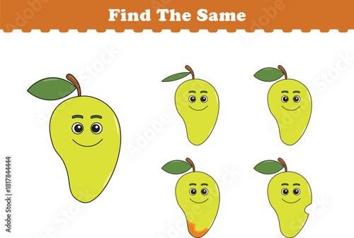 Funny cartoon fruits. Find same pictures. Educational game for children. Cartoon vector illustration