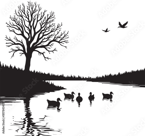 Black silhouette of ducks on water with tree and birds