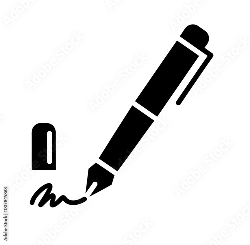 Solid black icon of a fountain pen or rollerball pen writing a signature line. Simple and clear graphic.
