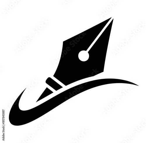 Stylized logo design featuring a fountain pen nib writing a swoosh line. Concept for writing, education, or law.
