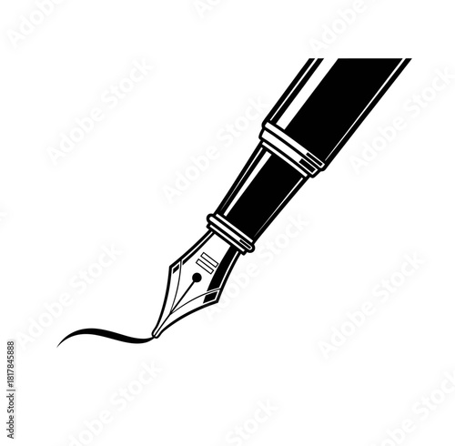 Detailed black and white icon/illustration of a fountain pen in use, writing a curved line. Professional design.
