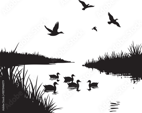 Black silhouette of ducks swimming and flying over water