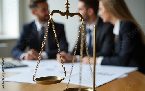 Lawyers discuss contract papers at office desk. Brass scale foreground justice legal services. Law concept with team, legislation, legal advice, business meeting, finance, courtroom, justice.
