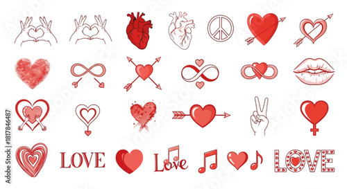Diverse Red & Pink Heart Love Symbols Collection - Vector Art