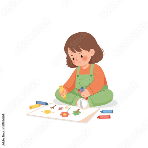 Cute little girl sitting on the floor and drawing a picture with colorful crayons on a piece of paper. Vector illustration of a child engaged in a creative art hobby at home or in preschool.