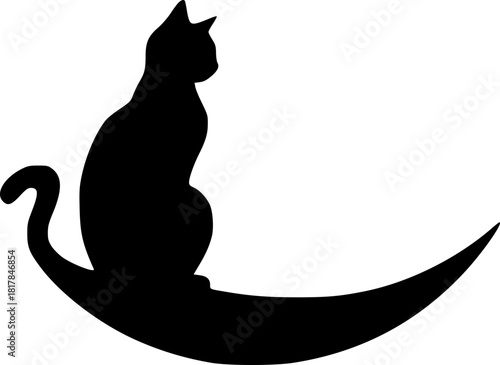 Black cat sitting on crescent moon silhouette for mystical and celestial artwork