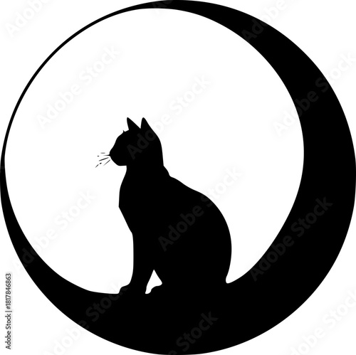 Silhouette of cat on crescent moon under starry sky for magical and dreamy theme