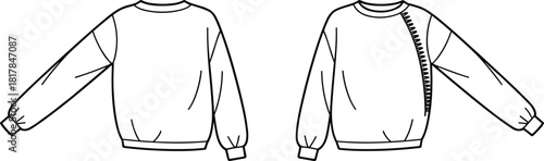 Sweatshirt fashion flat sketch, CAD apparel design, technical drawing template, vector clothing outline, garment illustration for designers, detailed sweatshirt mockup