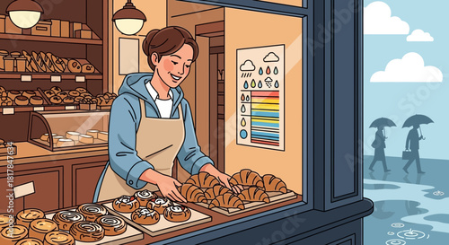 Bakery owner preparing croissants and cinnamon buns on a rainy day illustration