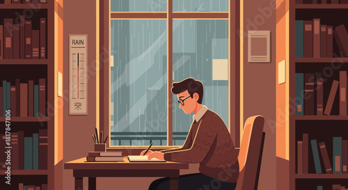 Cozy rainy day study session, man writing at desk near bookshelf and window