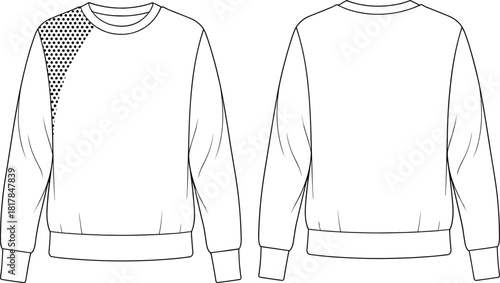 Unisex crewneck sweatshirt fashion flat with dotted shoulder panel, long sleeves, ribbed cuffs hem, vector technical apparel illustration