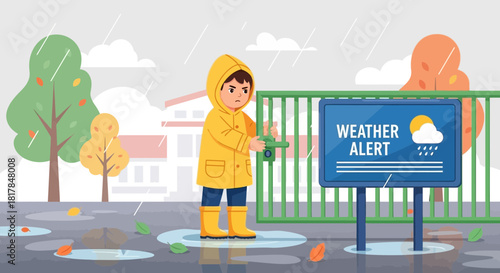 Child in raincoat opening gate during rainy weather with weather alert sign