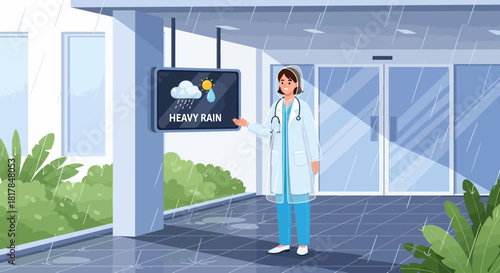Hospital staff confronts heavy rain alert outside modern medical facility entrance