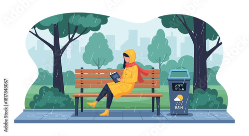 Illustrative depiction of a woman reading on a park bench during rainy weather