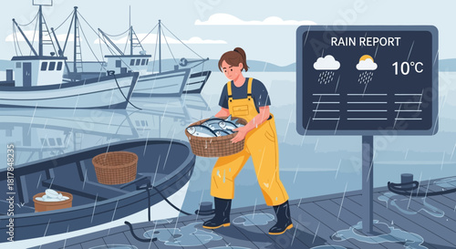 Catch of the day, hardworking fisher carrying a basket of fish on rainy harbor
