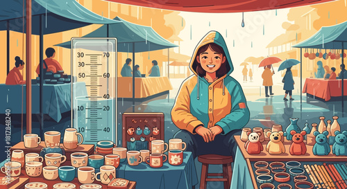 Rainy day resilience a cheerful market vendor braving the weather at her stall