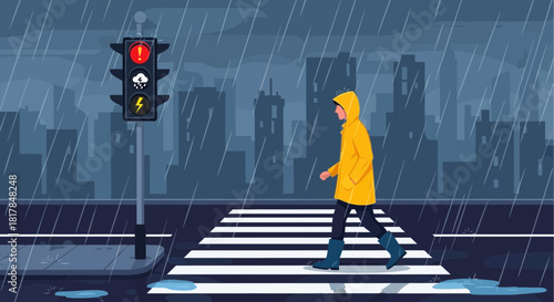 Crossing in the Rain: A Cartoon Illustration of Urban Weather Challenges