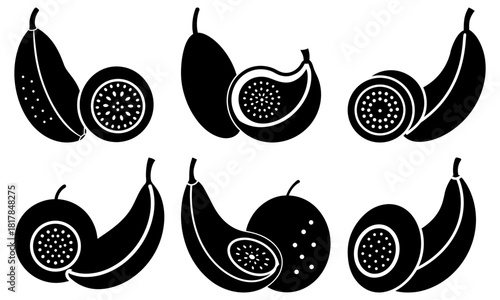 Fresh passion fruit icons, cut and whole, creating a minimalist pattern. Perfect for healthy eating blogs and tropical fruit promotions, originally vector