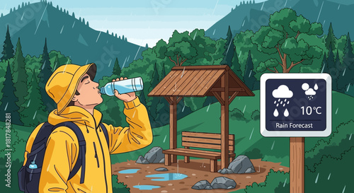 Illustrated hiker hydrating during a rainy trek with a weather forecast sign