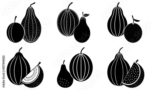 Elegant fruit medley for healthy eating promotion, modern black and white design, nutritious diet concept, simple, delicious, and ripe, sweet harvest